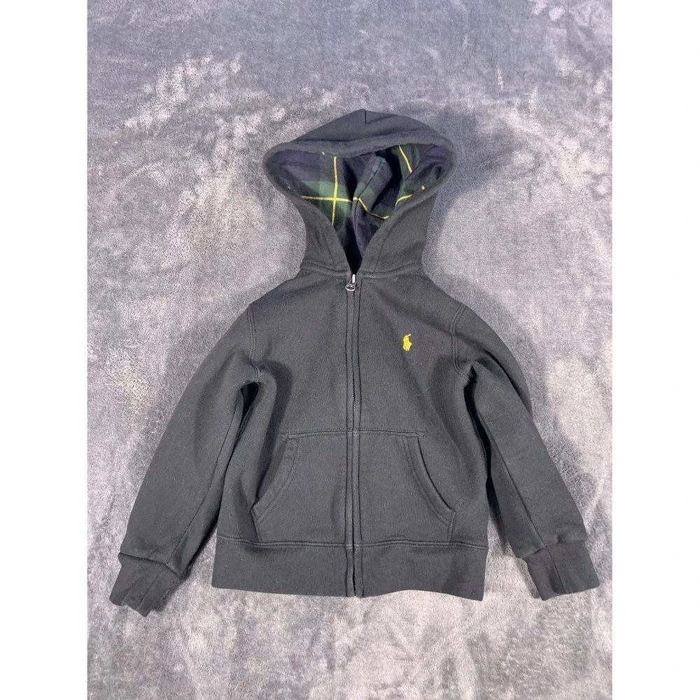 Polo Ralph Lauren Toddler Boys Full Zip Hoodie Black Plaid Lined Size 4T Cotton